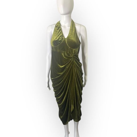 PrettyLittleThing Maternity Corset Dress Womens 8 Olive Velvet One Shoulder Midi - Picture 1 of 9